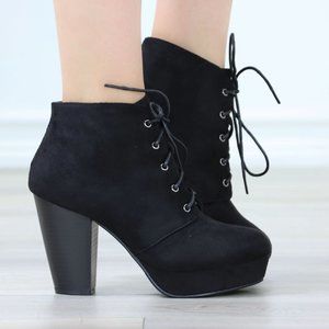 Womens Ankle Boots Lace Up Block Heel Booties Black Faux Suede