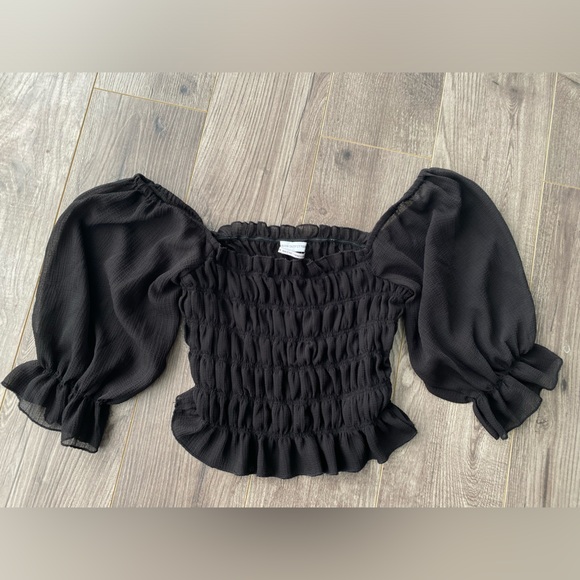 Urban Outfitters black sheer ruched puffy sleeve cropped off shoulder blouse - Picture 1 of 7