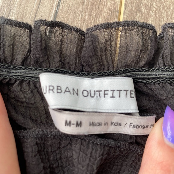 Urban Outfitters black sheer ruched puffy sleeve cropped off shoulder blouse - Picture 6 of 7