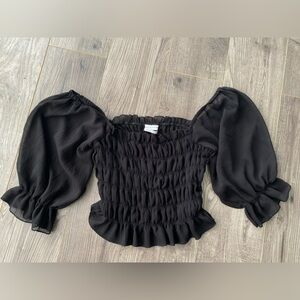 Urban Outfitters black sheer ruched puffy sleeve cropped off shoulder blouse