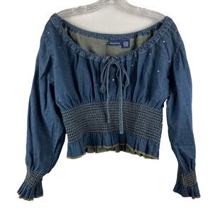 Dizzy Lizzy Boho Smocked Embellished Denim Peasant Top Size L EUC Long Sleeves