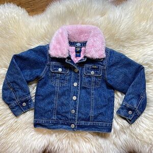 OshKosh Denim Jean Jacket Pink Quilt Lined Detachable Fur Collar Size 4