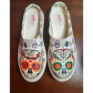 Goby- Hand Painted Orange Green Sugar Skull Mule-Women Sz-36 (5.5-6) Seldom Worn