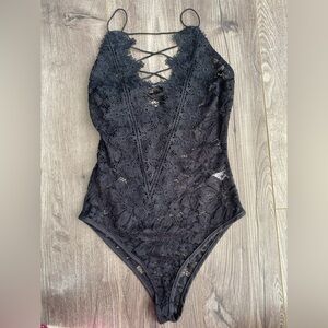 Fashion Nova black crocheted lace bodysuit teddy lingerie w/ floral print