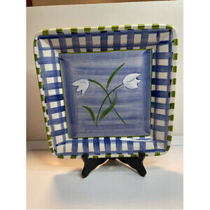 BATH & Body Works Blue White Checkered Floral Dish Made in Portugal
