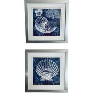 Navy Nautilus Shell brushed silver framed pictures set of two Made in the USA