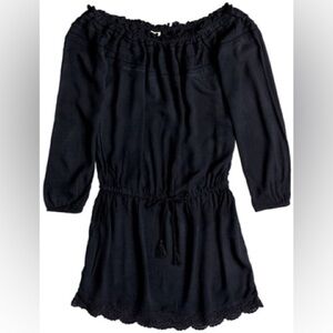 Roxy Black Gauze Off Shoulder Long Sleeve Embroidered Scalloped Hem Dress