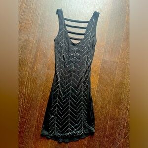 LBD S black backless mini dress: silver beaded & sequins Boutique Australia