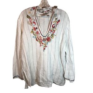 Chicos 100% linen beach cover-up embroidered hooded long sleeve tunic top 2/L