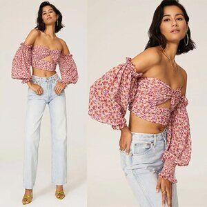 NEW Amur Hilda Off-The-Shoulder Floral Print Pink Crop Top Long Sleeve Blouse