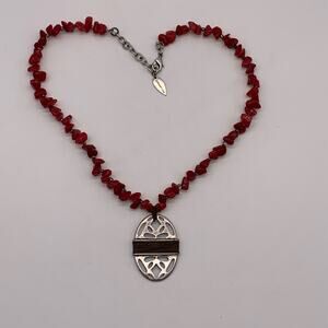 Coldwater Creek Beaded Necklace Red Stone Chips Brown Cord Wrapped Pendant