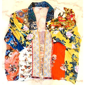 John Mark Patchwork Floral Open Front Kimono Jacket Size L Retail $129
