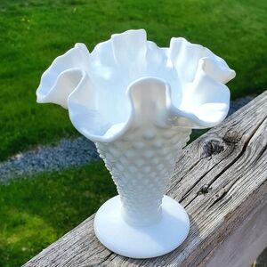 Vintage Fenton Milk Glass Hobnail Ruffle Top Vase