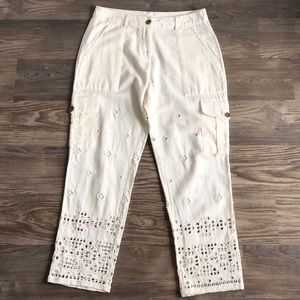 Sundance Linen Cotton Eyelet Cargo Straight Leg Ankle Pants Size 4 Cream