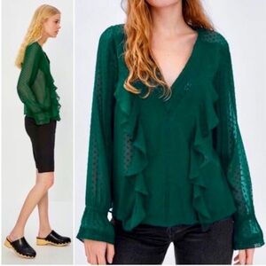 Zara XS Flowy emerald Green Sheer Blouse