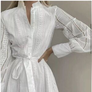 Zara Eyelet Lace Embroidered Tie Waist Button Up Dress