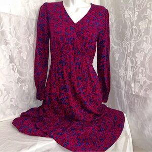 GAP Red and Blue Retro Floral Cotton Blend Long Sleeve Midi Maternity Dress