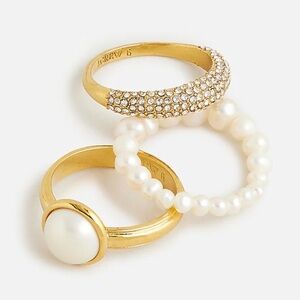 JCREW Pearl and Crystal Rings set-of-three NWT Size 8 Gold Finish