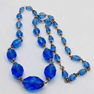 Czech Vintage Faceted Graduated Bead Blue Glass and Silver Bead Necklace 26"