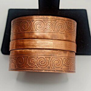 VTG Copper Bracelet Cuff with etched scroll design edging and great patina