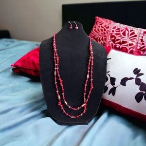 Red Two Layer Glass And Faux Bead Necklace Used
