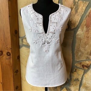 CAROLE LITTLE Linen Blend Faux Pearl Embellished Embroidered Top (L)