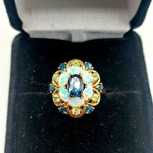 Vintage Sterling Gold Plated Ring with Opal, Peridot and Topaz Gorgeous sz 7