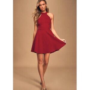 NWT Lulus Wine Red Halter Neck Lace Flare Skater Mini Dress Size Small