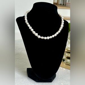 New 16" freshwater pearl necklace with silver tone flower clasp