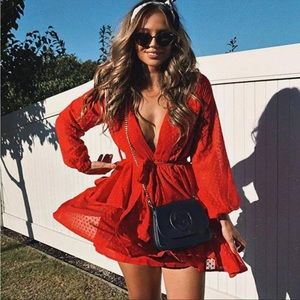 Lioness Red Swiss Dot Long Sleeve Plunge Tiered Mini Dress