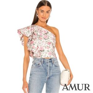 AMUR **NWT** Jasmine One-Shoulder Ruffle Top in Eggshell Pink Floral