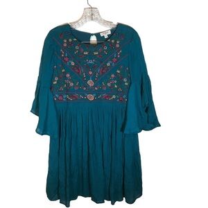 Umgee embroidered mini baby doll boho dress size S green short bell sleeve