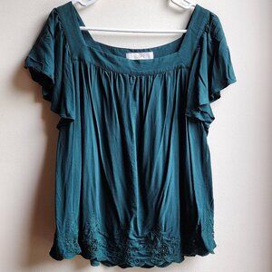 LOFT Emerald Green Square Neck Lace Trimmed Blouse Size Large