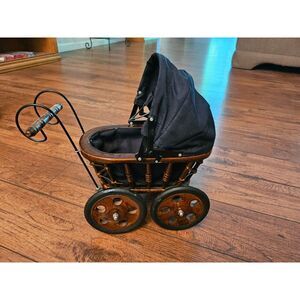 Doll Stroller Vintage Antique Style Cherry Wood Wicker Black Cloth Carriage