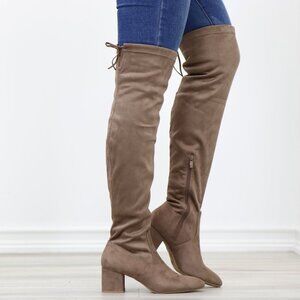 Taupe Thigh High Over The Knee Low Block Heel Boots Faux Suede Pointy Toe