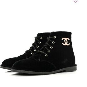 CHANEL Velvet CC Lace Up Black Boots Size 39