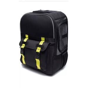 Roverlund Pet puppy backpack black and neon yellow straps laptop airline travel