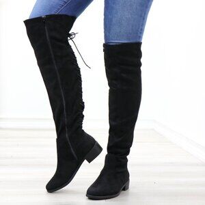 Low Heel Thigh High Boots Faux Suede Back Womens Lace Up Black Above The Knee