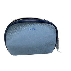 La Mer Makeup Bag Blue Faux Saffiano Leather Cosmetic Travel Pouch Bag New *Flaw