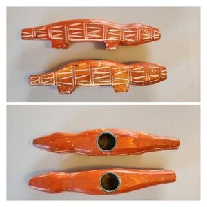 Vintage Pottery Barn Boho Whitewashed Orange Figural Lizard Wood Candle Holders