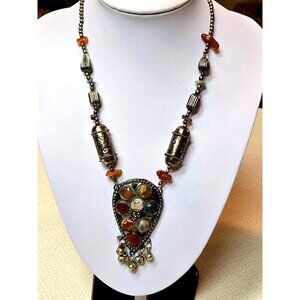 Tibetan Silver Agate Carnelian Jade Amethyst Gemstone Tribal Necklace Bells