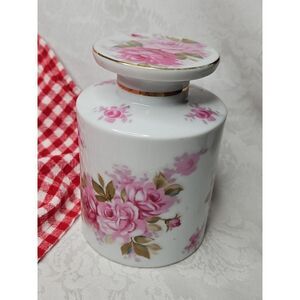 Cabbage Rose VANITY JAR COTTON BALLS Porcelain Lidded Moss Rose Cottage Chic 5"