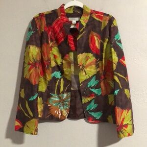 COLDWATER CREEK Size PL Open Front Floral Jacket Blazer 100% Silk Unlined Work