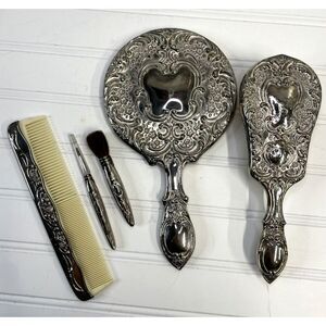 Vtg Sterling Silver Plated 5 pc‎ Vanity Grooming Set HEAVY Floral Scroll