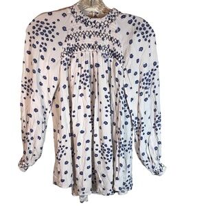 Free people women high neck blouse small floral smocked long sleeve white blue