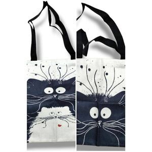 TWO Canvas Totes One Cat and Two Cat Bags Natural Black Drawings 15 X 16 NEW