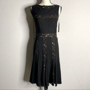 Tadashi Shoji Black and Tan Pintuck Jersey Lace Knee Length Dress