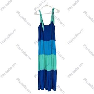 💛Bebop maxi length summer dress Size XL blue and green color block smocked