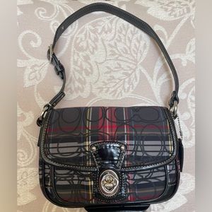 Coach Mini Tartan Signature Plaid Penny Flap Bag Black Red #15477 Nylon …