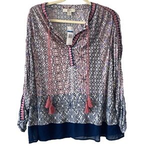 NWT Vintage America Blues Longsleeve Boho Top Size XL Pink Blue White Tassels